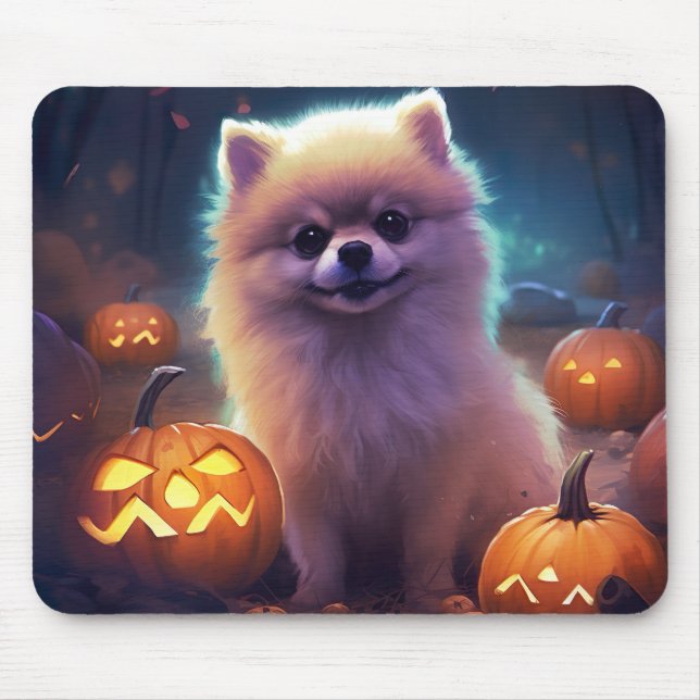 Halloween Pomeranian Med Pumpa Skräck  Musmatta (Framsidan)