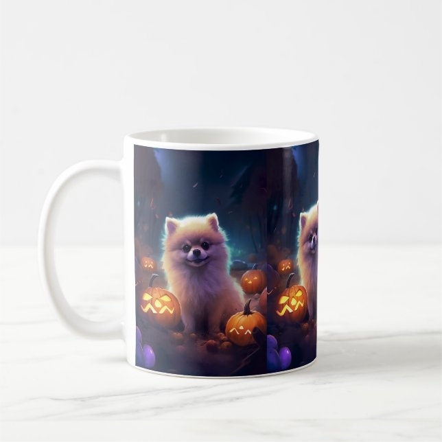 Halloween Pomeranian Med Pumpa Skräckinjagande Kaffemugg (Vänster)