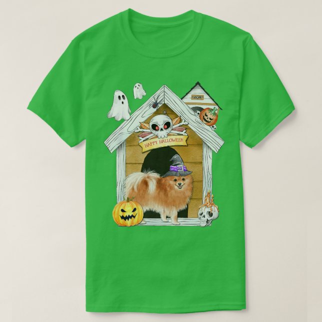 Halloween Pommern Hund Witch Haunted House T Shirt (Design framsida)