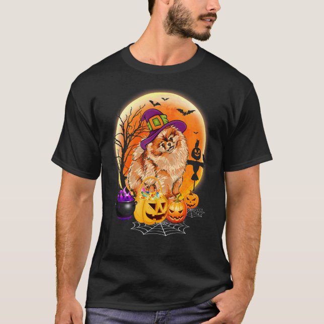 Halloween Pommern Måne med Pumpkin Funny G T Shirt (Framsida)