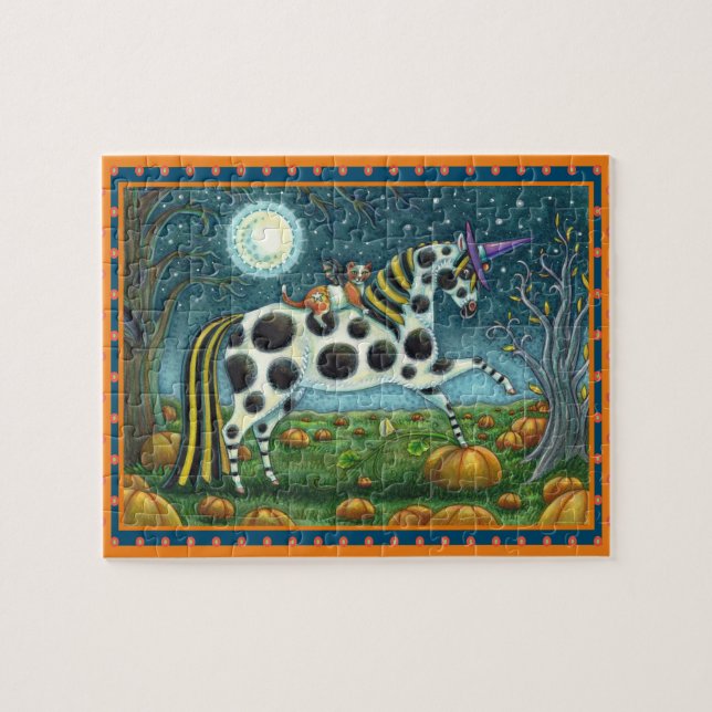 HALLOWEEN PONY & FLADDERMUS CAT Fantasy Horse Pussel (Horisontell)