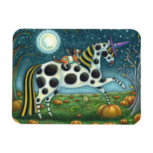 HALLOWEEN PONY & FLADDERMUS CAT WHIMSICAL HORSE MAGNET (Horisontell)