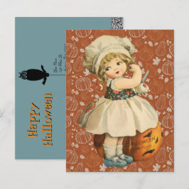 Halloween-Postkort med flicka som snidar äpple Vykort