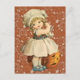 Halloween-Postkort med flicka som snidar äpple Vykort