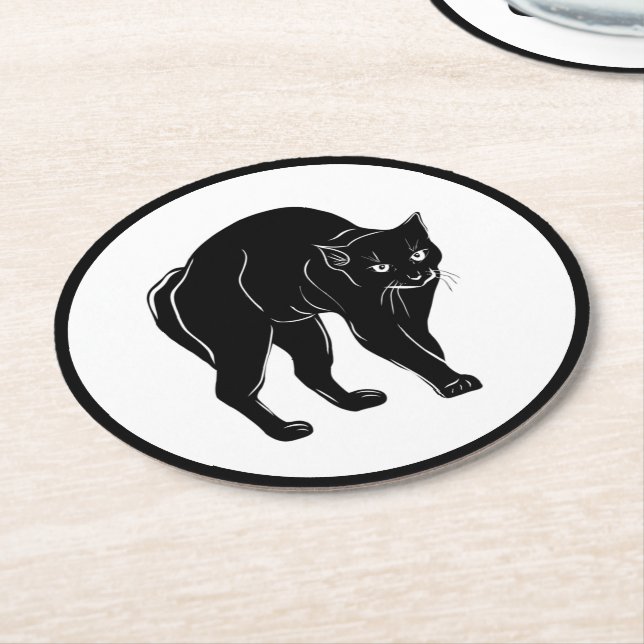 Halloween Prowling Black Cat Silhouette Teckning Underlägg Papper Rund (Vinklad)