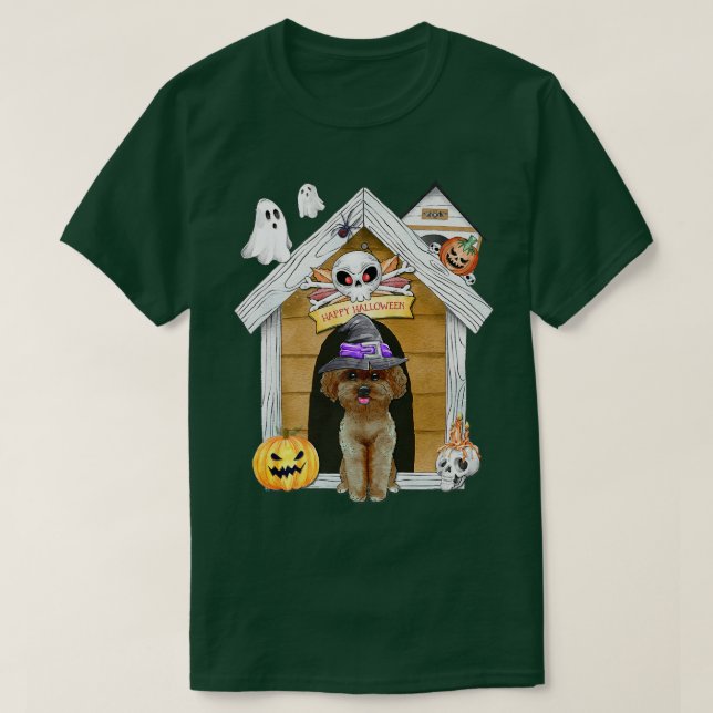 Halloween Pudel Hund Witch Haunted House T Shirt (Design framsida)