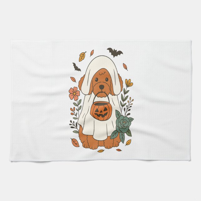 Halloween Pudel med höstblommor Kökshandduk (Horisontell)