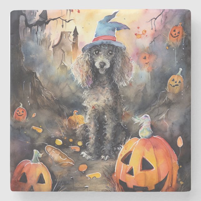 Halloween Pudel Med Pumpa Skräckinjagande Stenunderlägg (Framsidan)