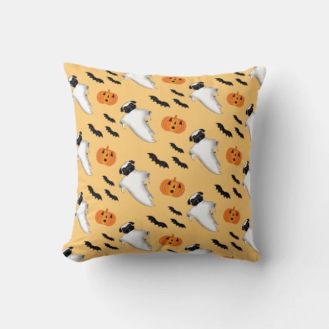 Halloween Pug Ghost Cute Pumpkin Fladdermöss Gult  Kudde (Framsida)