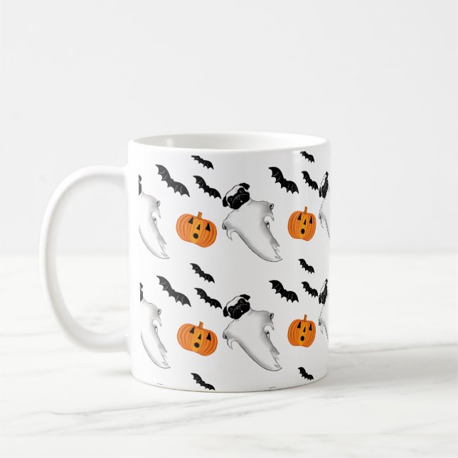 Halloween Pug Ghost Cute Pumpkin och Fladdermus Mö Kaffemugg (Vänster)