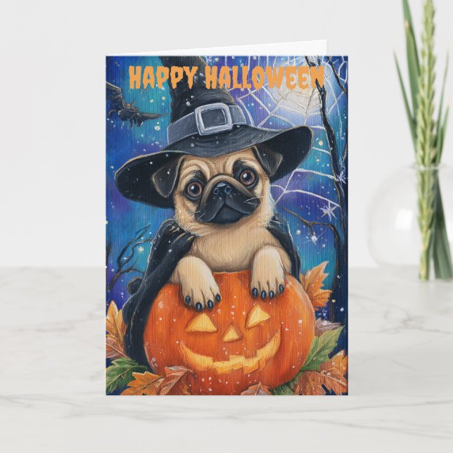 Halloween Pug Hund Helgkort (Framsida)
