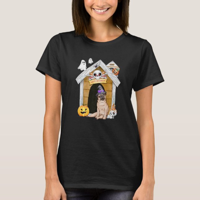 Halloween Pug Hund Witch Haunted House T Shirt (Framsida)