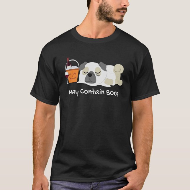 Halloween Pug in a Ghost Costume with Wine for Pug T Shirt (Framsida)