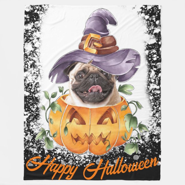 Halloween Pug in Jackolantern Happy halloween Fleecefilt (Framsidan)