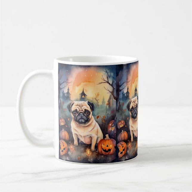 Halloween Pug med pumpor Kaffemugg (Vänster)