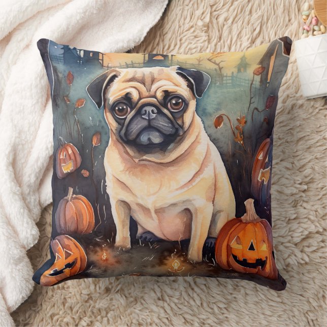 Halloween Pug med pumpor Kudde (Filt)