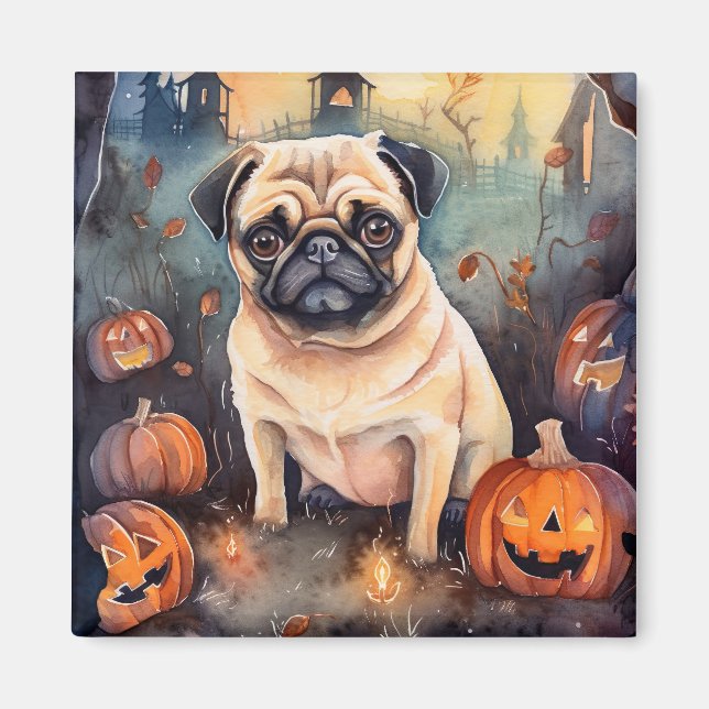 Halloween Pug med pumpor Magnet (Framsidan)