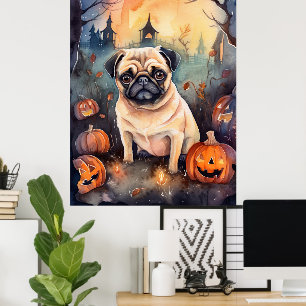 Halloween Pug med pumpor Poster