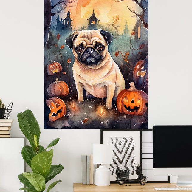 Halloween Pug med pumpor Poster (Hemmakontoret)