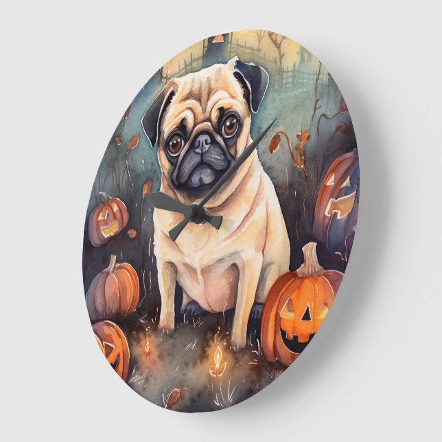 Halloween Pug med pumpor Stor Klocka (Vinkel)