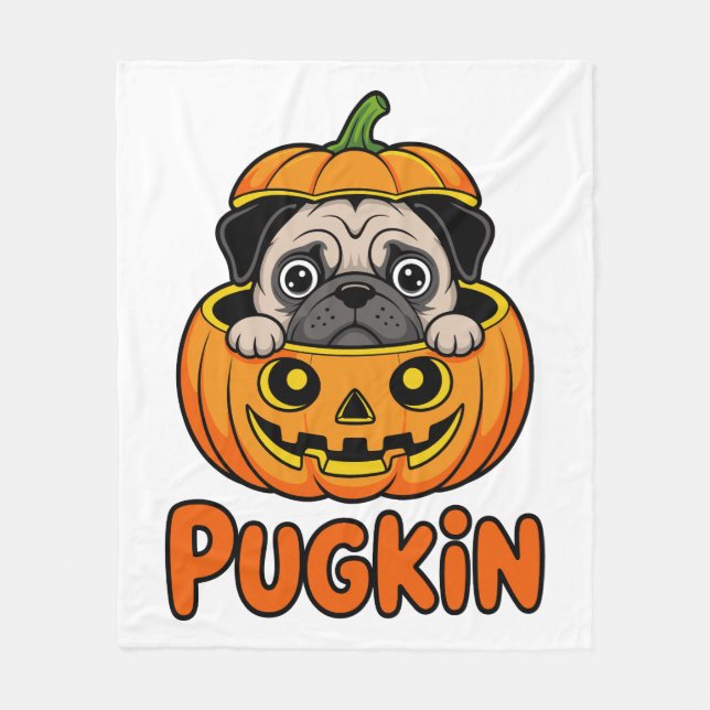 Halloween Pugkin, Pumpkin Pug Hund Fleecefilt (Framsidan)