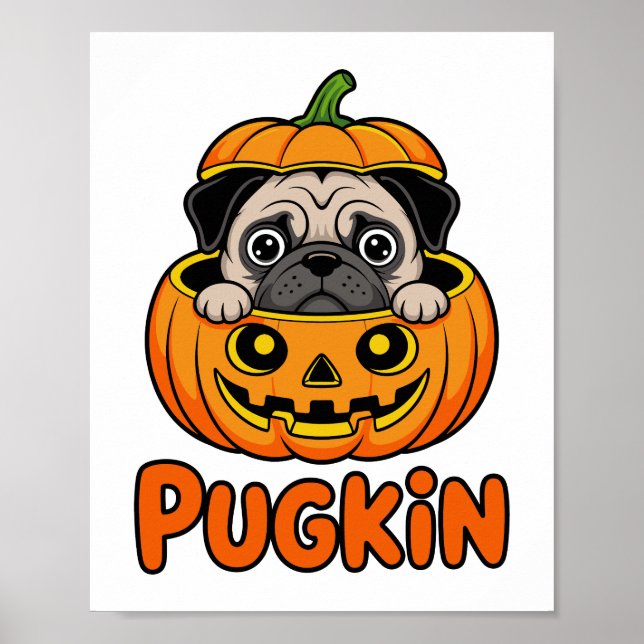 Halloween Pugkin, Pumpkin Pug Hund Poster (Framsidan)