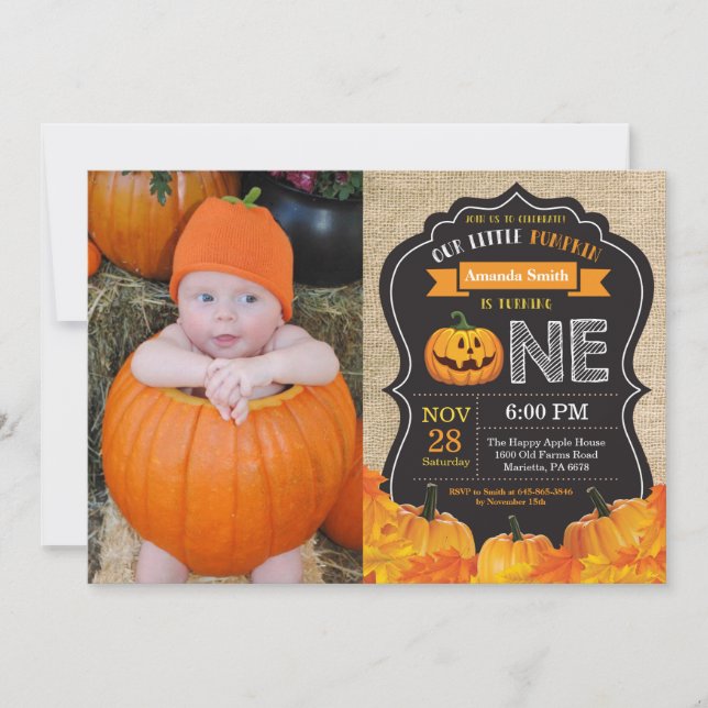 Halloween-pumpa 1-års födelsedagsinbjudan Burlap Inbjudningar (Framsida)