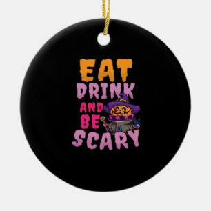 Halloween-pumpa ät dryck var läskig julgransprydnad keramik