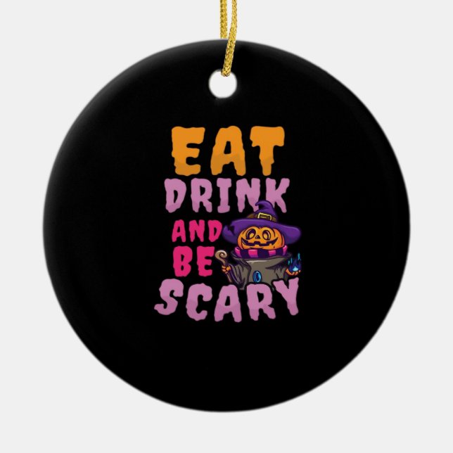 Halloween-pumpa ät dryck var läskig julgransprydnad keramik (Framsidan)