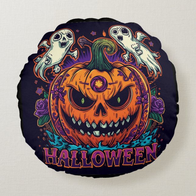 Halloween,Pumpa Avsluta : Natt för Spöken, Rund Kudde (Framsidan)