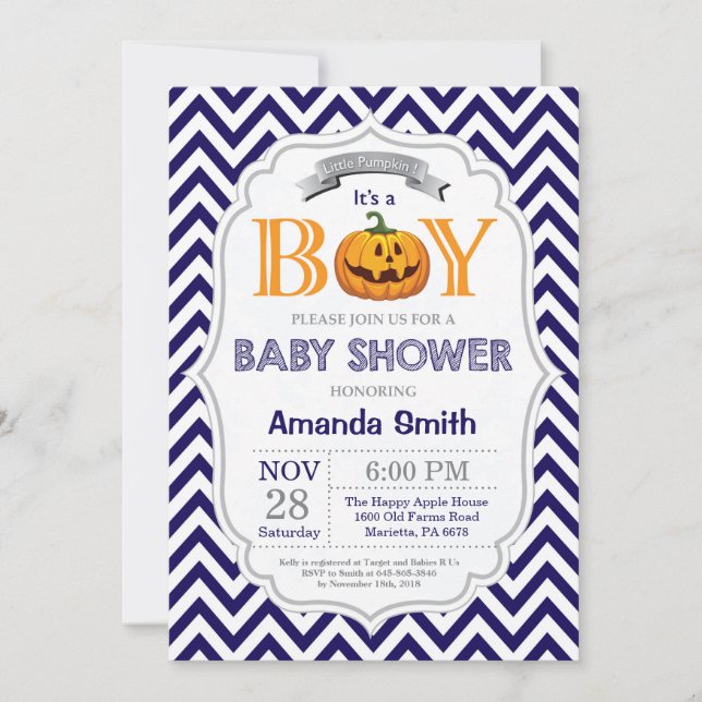 Halloween Pumpa Baby Shower Inbjudan Pojke (Framsida)
