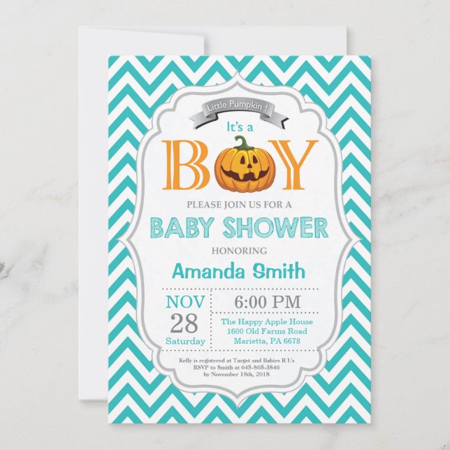 Halloween Pumpa Baby Shower Inbjudan Pojke (Framsida)