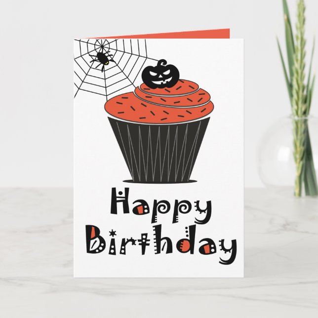 Halloween Pumpa Cupcake Glad Födelsedag Kort (Framsida)