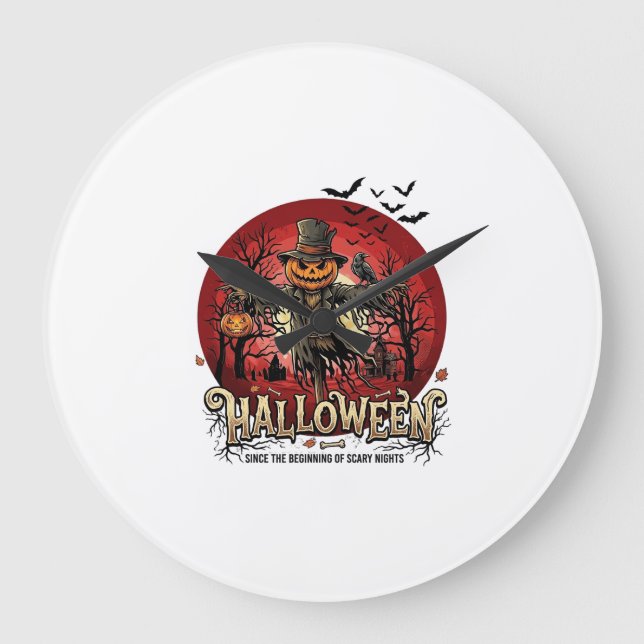 Halloween Pumpa Fågelskrämma Korp Fladdermöss_1 Stor Klocka (Framsida)