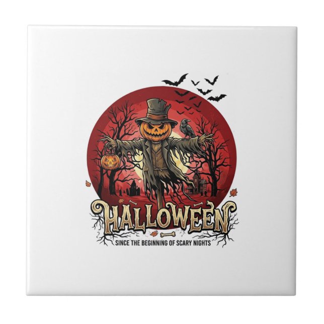 Halloween Pumpa Fågelskrämma Korpar Fladdermöss_1 Kakelplatta (Framsidan)