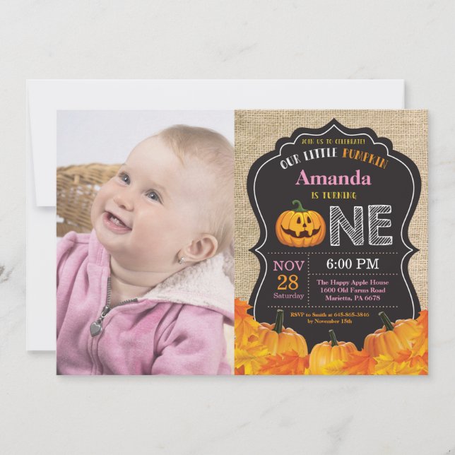 Halloween Pumpa Flicka 1:a Födelsedag Rosa Jute Inbjudningar (Framsida)