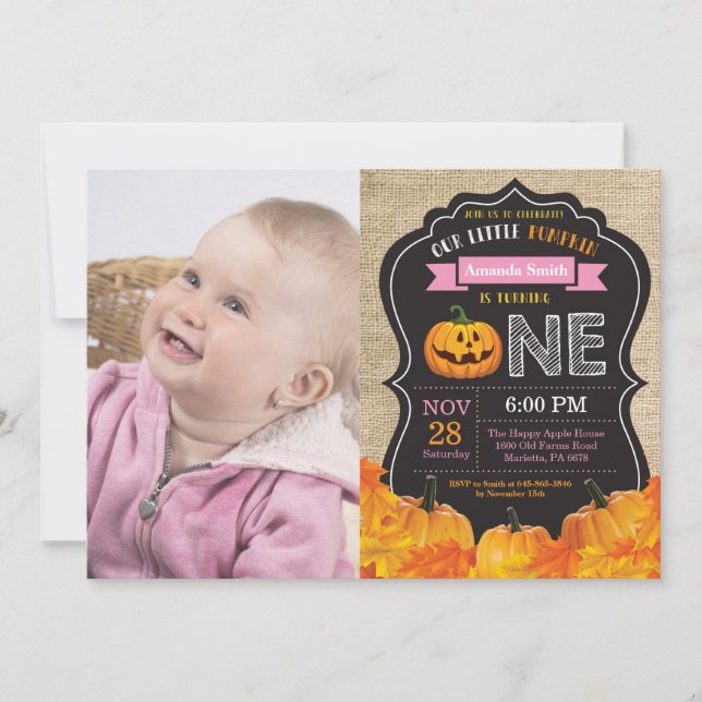 Halloween Pumpa Flicka 1:a Födelsedag Rosa Jute Inbjudningar (Framsida)