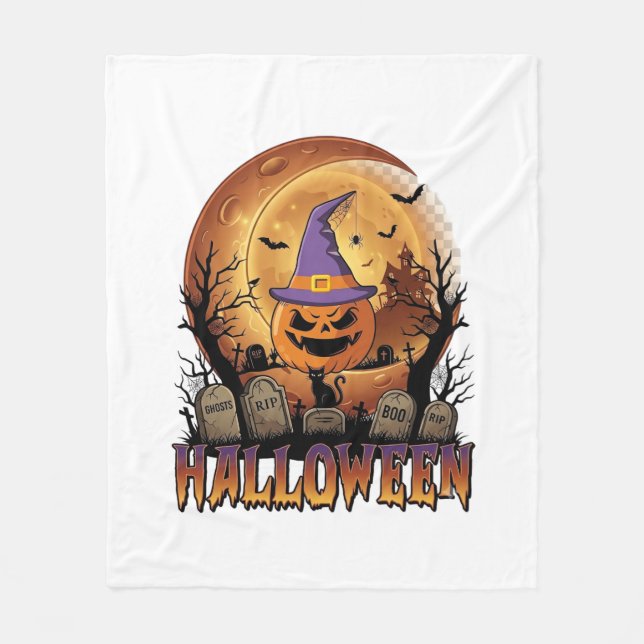 Halloween Pumpa Häxa Hatt Svart Katt Fullmåne_1 Fleecefilt (Framsidan)