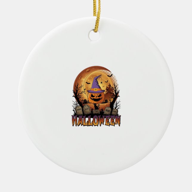 Halloween Pumpa Häxa Hatt Svart Katt Fullmåne_1 Julgransprydnad Keramik (Framsidan)