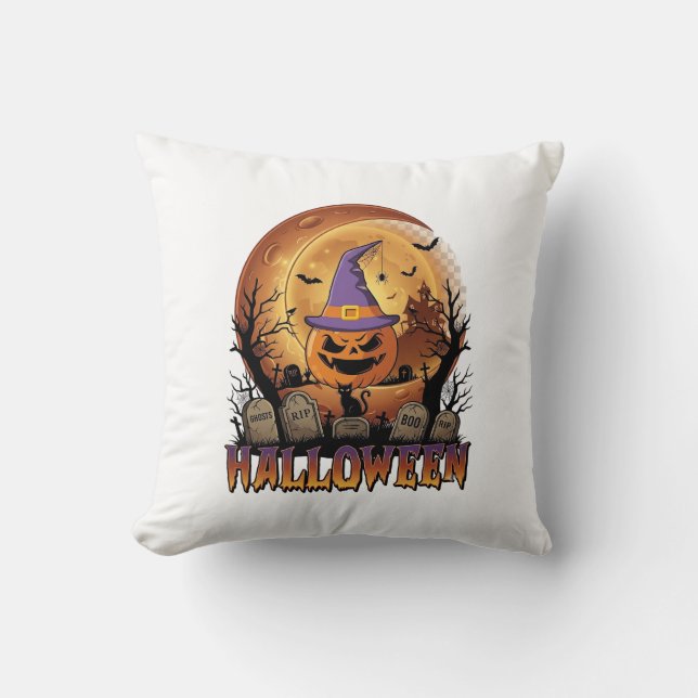 Halloween Pumpa Häxa Hatt Svart Katt Fullmåne_1 Kudde (Framsida)