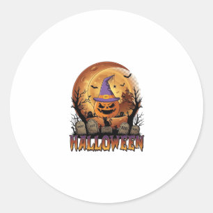Halloween Pumpa Häxa Hatt Svart Katt Fullmåne_1 Runt Klistermärke