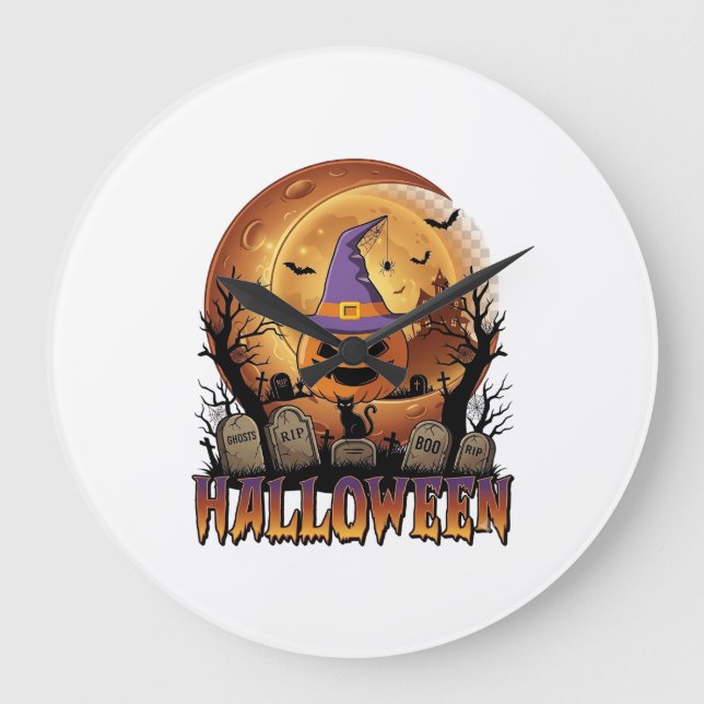 Halloween Pumpa Häxa Hatt Svart Katt Fullmåne_1 Stor Klocka (Framsida)