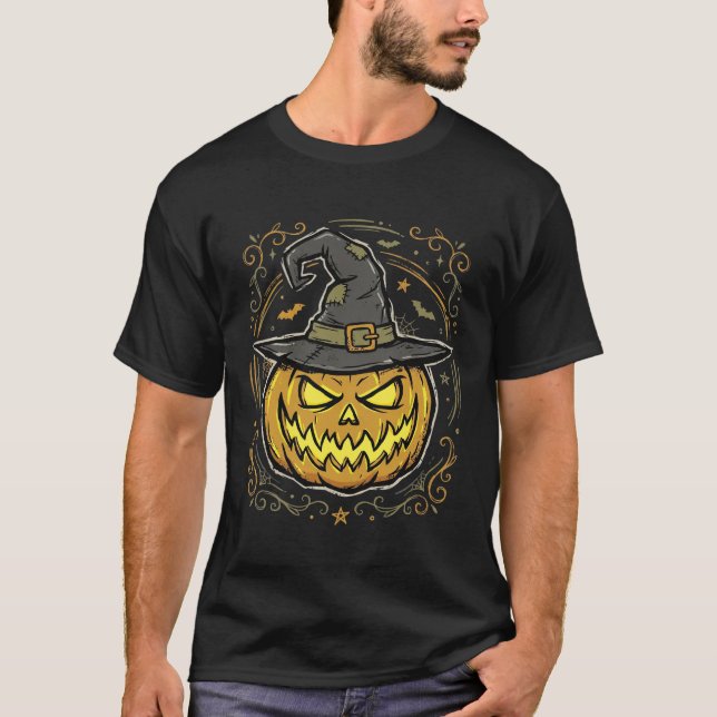 Halloween Pumpa Häxhatt Vektordesign T Shirt (Framsida)