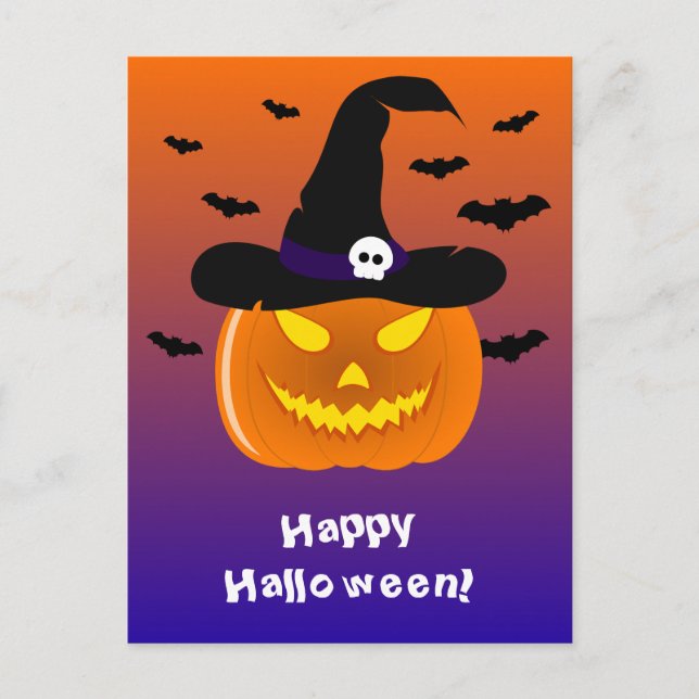 Halloween Pumpa Jack o' Lantern Häxhatt Vykort (Framsida)