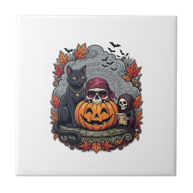 Halloween Pumpa Katt Dödskalle Grim Reaper Höst Lö Kakelplatta (Framsidan)