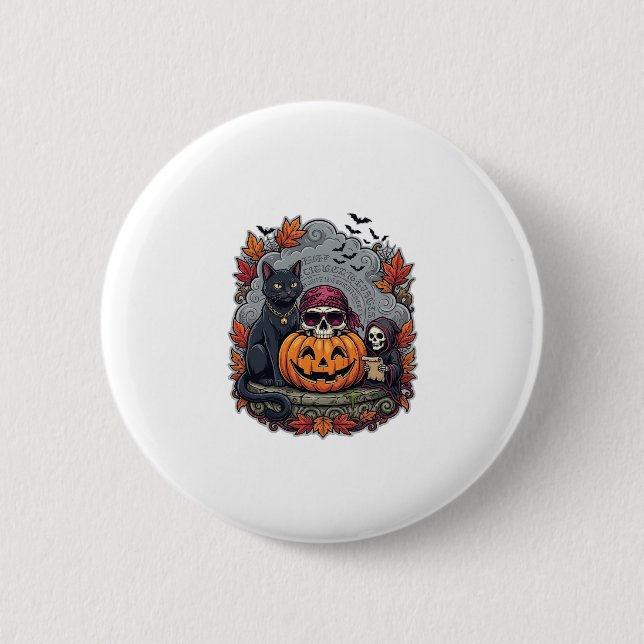 Halloween Pumpa Katt Dödskalle Grim Reaper Höst Lö Knapp (Framsida)