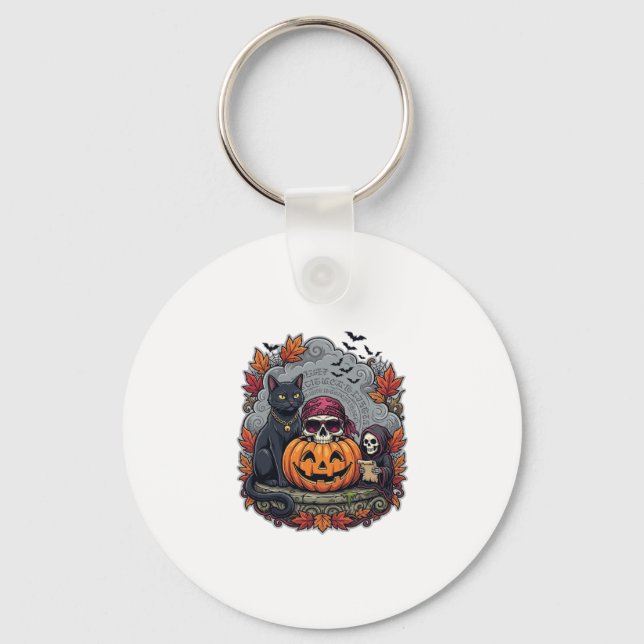 Halloween Pumpa Katt Döskalle Grim Reaper Höst Löv Nyckelring (Framsida)