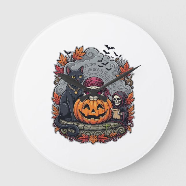 Halloween Pumpa Katt Döskalle Grim Reaper Höst Löv Stor Klocka (Framsida)
