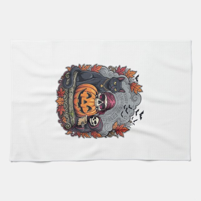 Halloween Pumpa Katt Skalle Döden Höst Löv Kökshandduk (Horisontell)