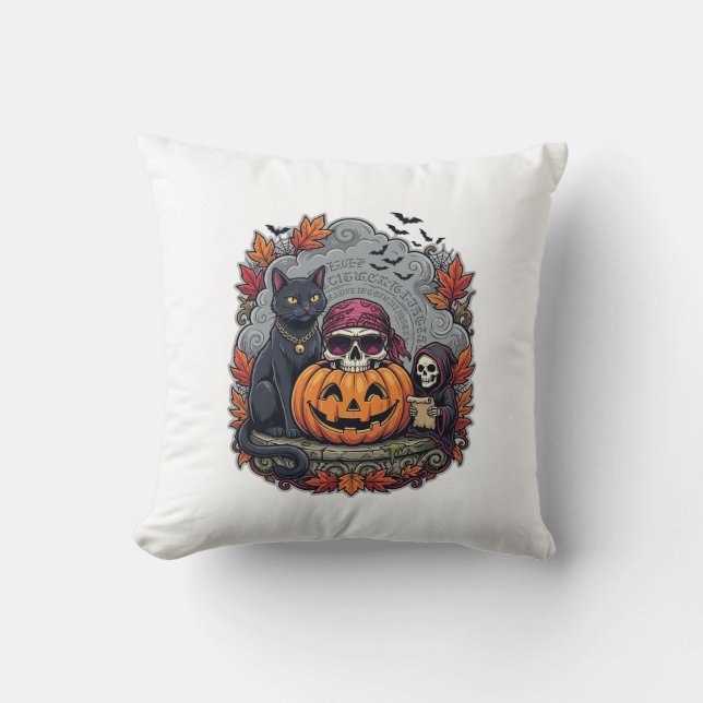 Halloween Pumpa Katt Skalle Döden Höst Löv Kudde (Framsida)